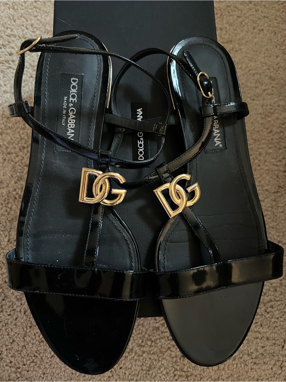 Dolce & Gabbana Black Patent Leather Gold DG Logo T-Strap Sandals